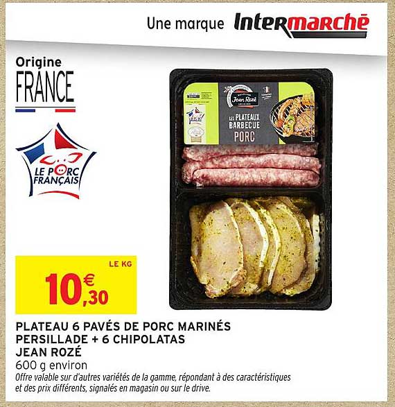 PLATEAU 6 PAVÉS DE PORC MARINÉS PERSILLADES + 6 CHIPOLATAS