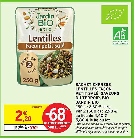 SACHET EXPRESS LENTILLES FAÇON PETIT SALÉ, SAVEURS DU TERROIR, BIO JARDIN BIO