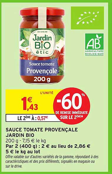 SAUCE TOMATE PROVENÇALE JARDIN BIO