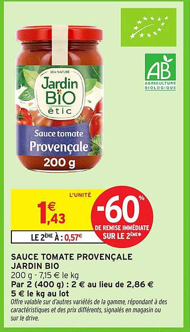 SAUCE TOMATE PROVENÇALE JARDIN BIO