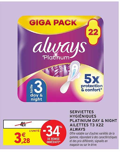 SERVIETTES HYGIÉNIQUES PLATINUM DAY & NIGHT AILETTES T3 X22 ALWAYS