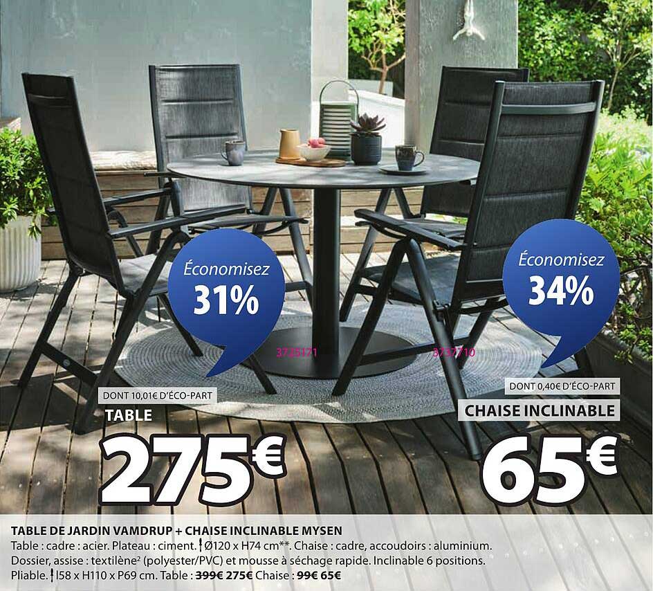 TABLE DE JARDIN VAMDRUP + CHAISE INCLINABLE MYSEN