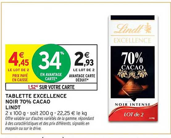 TABLETTE EXCELLENCE NOIR 70% CACAO LINDT