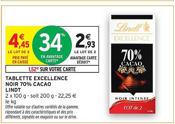 TABLETTE EXCELLENCE NOIR 70% CACAO LINDT