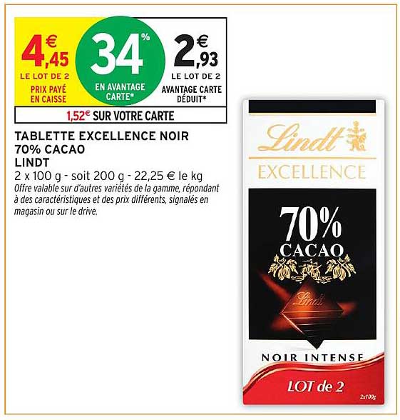 TABLETTE EXCELLENCE NOIR 70% CACAO LINDT