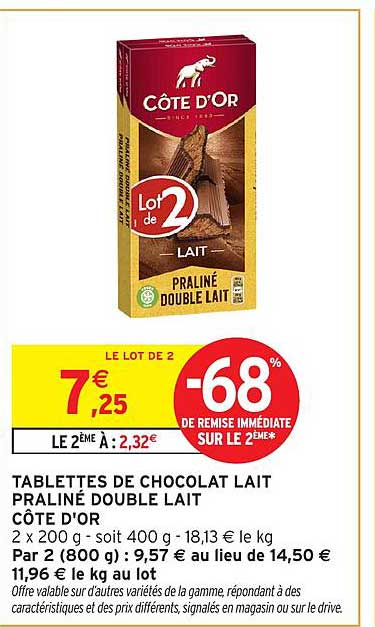 TABLETTES DE CHOCOLAT LAIT PRALINÉ DOUBLE LAIT