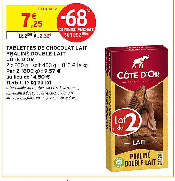 TABLETTES DE CHOCOLAT LAIT PRALINÉ DOUBLE LAIT CÔTE D'OR