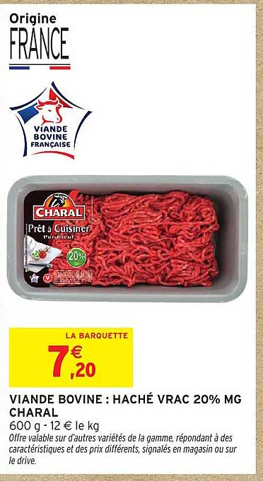 VIANDE BOVINE : HACHÉ VRAC 20% MG CHARAL