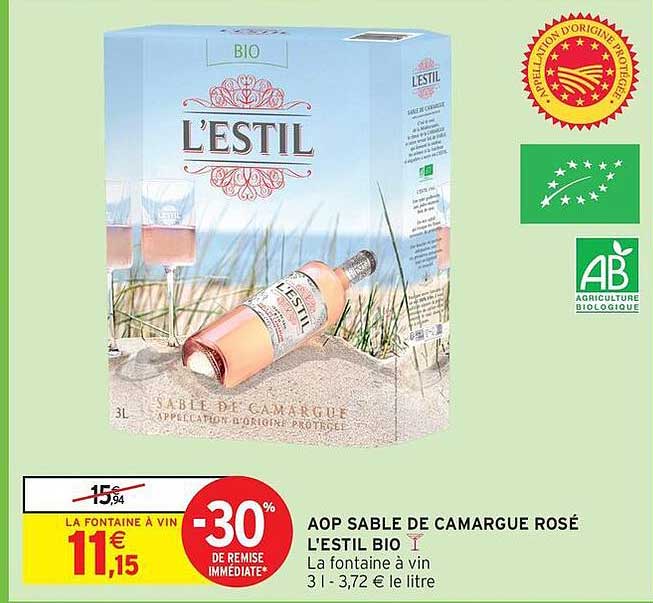 AOP SABLE DE CAMARGUE ROSÉ L'ESTIL BIO La fontaine à vin 3 l - 3,72 € le litre