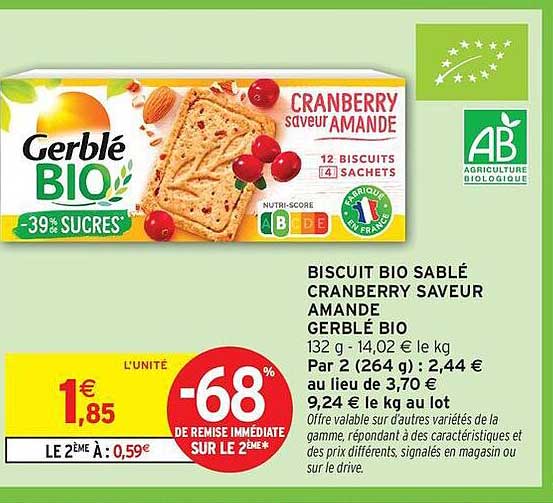 BISCUIT BIO SABLÉ CRANBERRY SAVEUR AMANDE GERBLÉ BIO