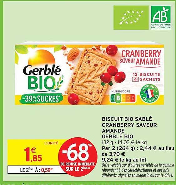 BISCUIT BIO SABLÉ CRANBERRY SAVEUR AMANDE GERBLÉ BIO