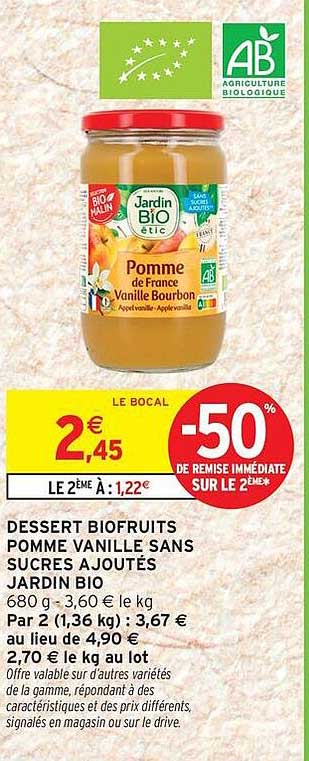 DESSERT BIOFRUITS POMME VANILLE SANS SUCRES AJOUTÉS JARDIN BIO