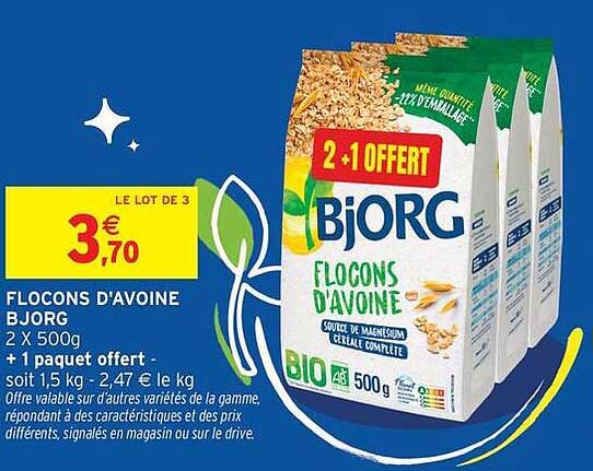 FLOCONS D'AVOINE BJORG 2 X 500g + 1 paquet offert