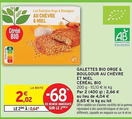 GALETTES BIO ORGE & BOULGOUR AU CHÈVRE ET MIEL CÉRÉAL BIO