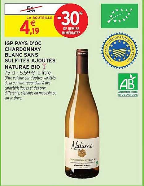 IGP PAYS D'OC CHARDONNAY BLANC SANS SULFITES AJOUTÉS NATURAE BIO