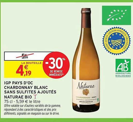 IGP PAYS D'OC CHARDONNAY BLANC SANS SULFITES AJOUTÉS NATURAE BIO