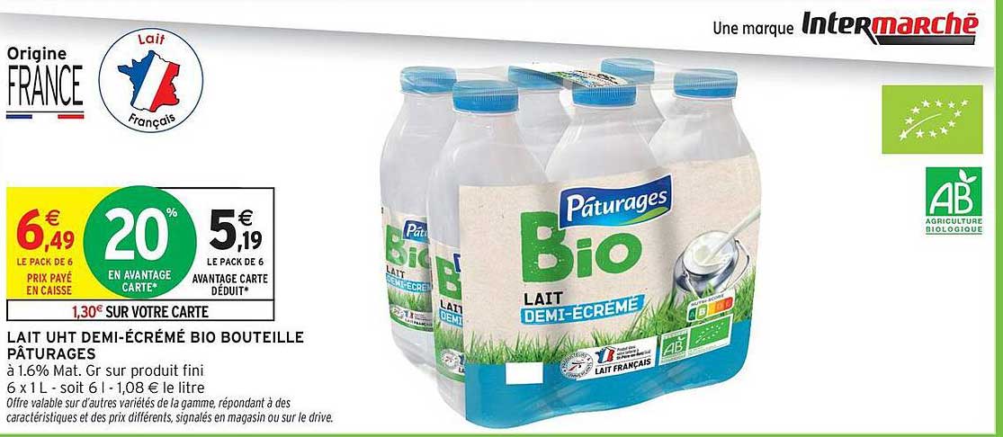 LAIT UHT DEMI-ÉCRÉMÉ BIO BOUTEILLE PÂTURAGES