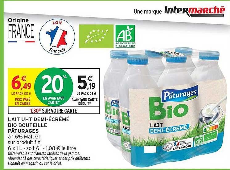 LAIT UHT DEMI-ÉCRÉMÉ BIO BOUTEILLE PÂTURAGES