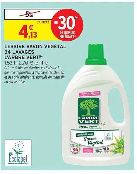 LESSIVE SAVON VÉGÉTAL 34 LAVAGES L’ARBRE VERT