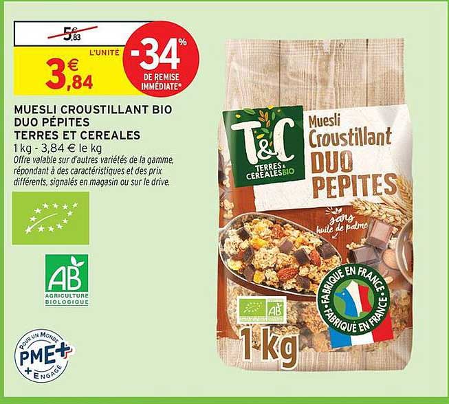 MUESLI CROUSTILLANT BIO DUO PÉPITES TERRES ET CEREALES