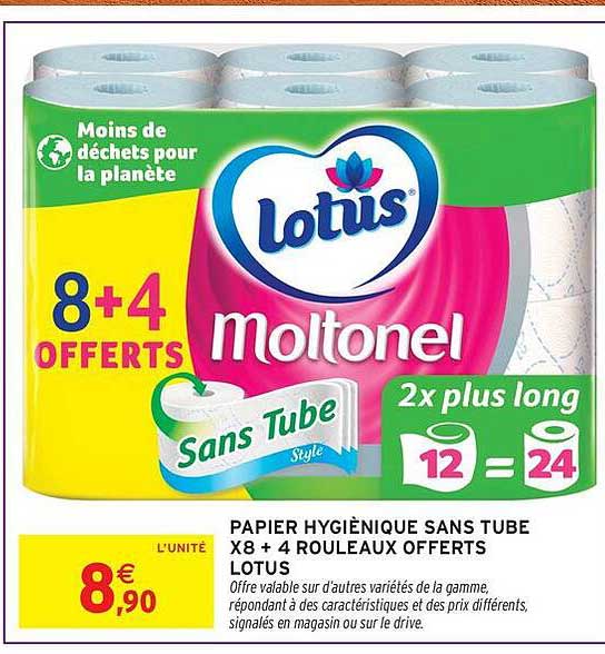 PAPIER HYGIÉNIQUE SANS TUBE X8 + 4 ROULEAUX OFFERTS LOTUS
