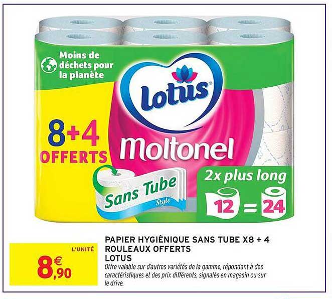 PAPIER HYGIÉNIQUE SANS TUBE X8 + 4 ROULEAUX OFFERTS LOTUS