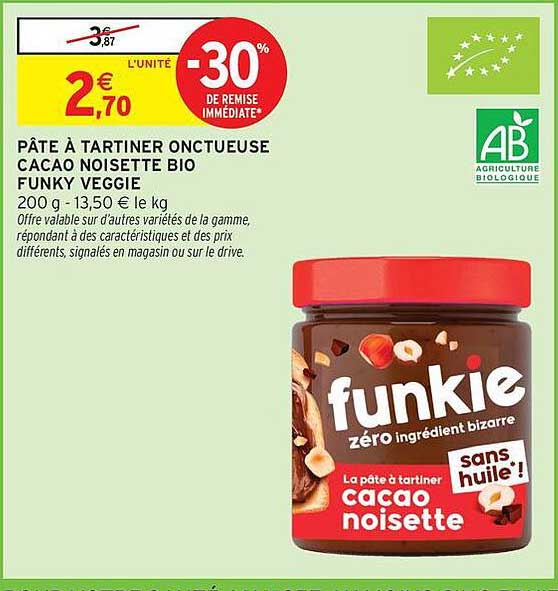PÂTE À TARTINER ONCTUEUSE CACAO NOISETTE BIO FUNKY VEGGIE