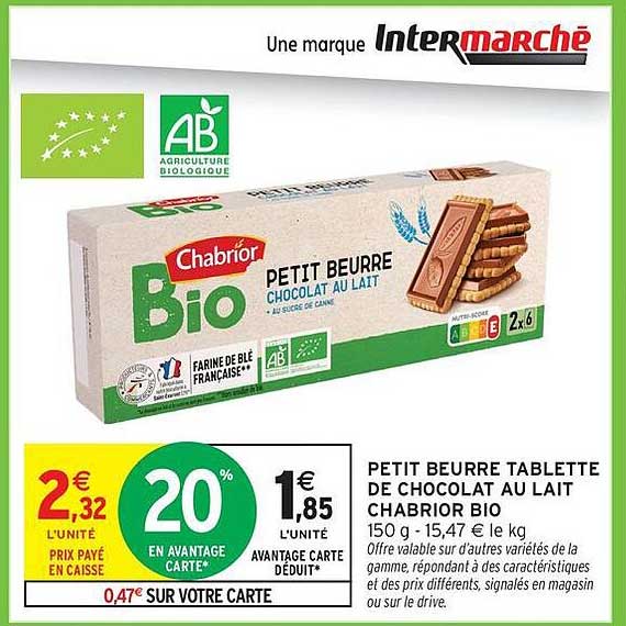 PETIT BEURRE TABLETTE DE CHOCOLAT AU LAIT CHABRIOR BIO 150 g