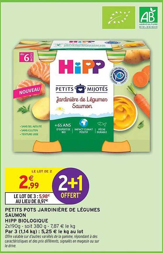 PETITS POTS JARDINIÈRE DE LÉGUMES SAUMON HIPP BIOLOGIQUE 2+1 OFFERT