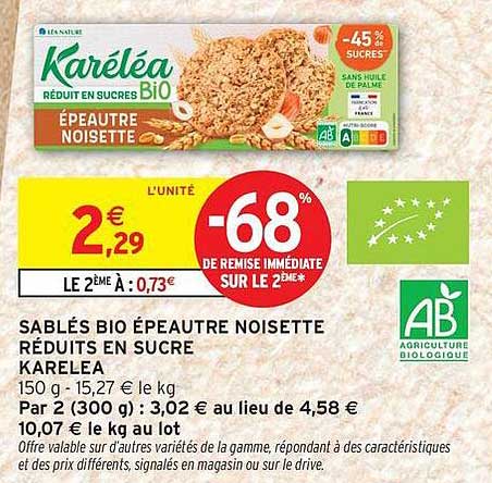 SABLÉS BIO ÉPEAUTRE NOISETTE RÉDUITS EN SUCRE KARELEA