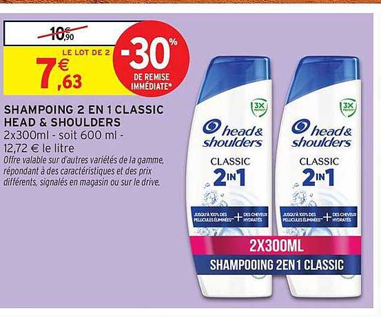 SHAMPOING 2 EN 1 CLASSIC HEAD & SHOULDERS 2x300ml - soit 600 ml - 12,72 € le litre