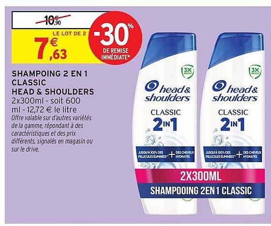 SHAMPOOING 2 EN 1 CLASSIC HEAD & SHOULDERS 2x300ml - soit 600 ml - 12,72 € le litre