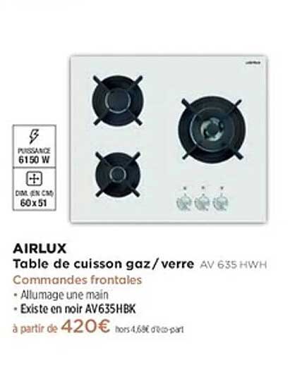 AIRLUX Table de cuisson gaz/verre AV 635 HWH