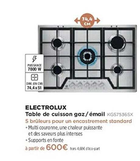 ELECTROLUX Table de cuisson gaz/émail KGS7536SX