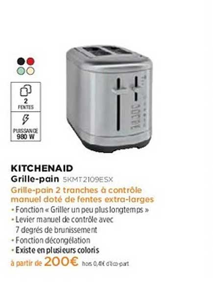 Grille-pain 2 tranches à contrôle manuel doté de fentes extra-larges