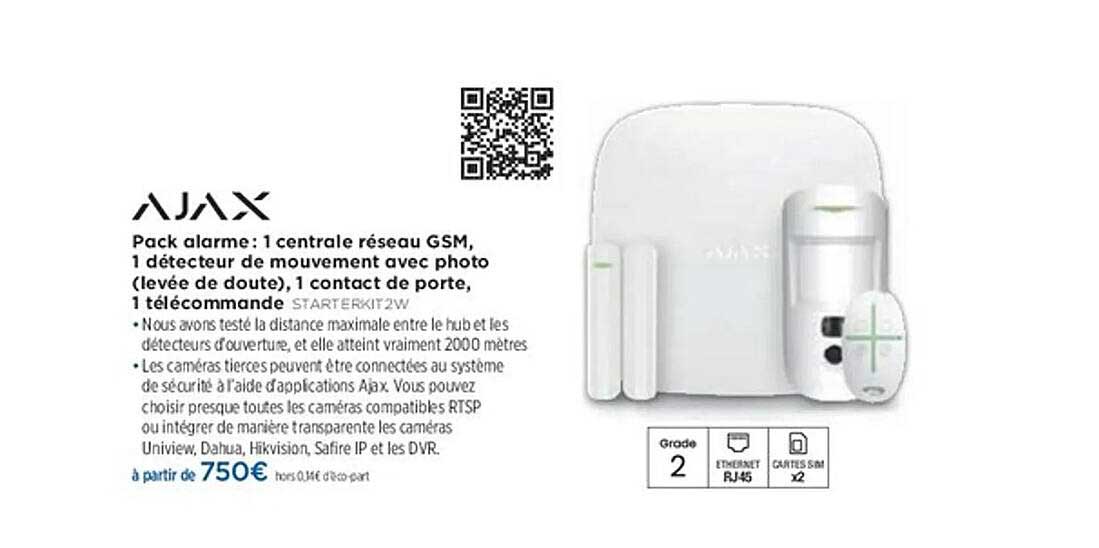 Pack alarme : 1 centrale réseau GSM, 1 détecteur de mouvement avec photo (levée de doute), 1 contact de porte, 1 télécommande
