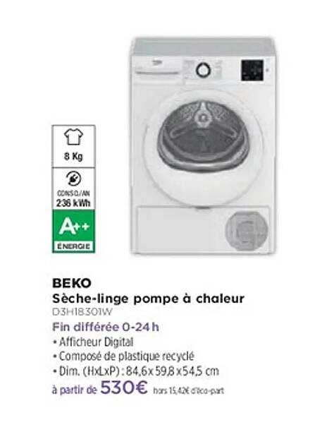 Sèche-linge pompe à chaleur BEKO D3H18B301W
