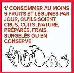 1/ CONSOMMER AU MOINS 5 FRUITS ET LÉGUMES PAR JOUR, QU’ILS SOIENT CRUS, CUITS, NATURE, PRÉPARÉS, FRAIS, SURGELÉS OU EN CONSERVER