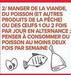 2/ MANGER DE LA VIANDE, DU POISSON (ET AUTRES PRODUITS DE LA PÊCHE) OU DES OEUFS 1 OU 2 FOIS PAR JOUR EN ALTERNANCE ; PENSER A CONSOMMER DU POISSON AU MOINS DEUX FOIS PAR SEMAINE