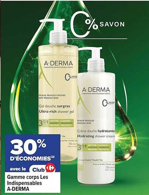 30% D'ÉCONOMIES(2) avec le Club Gamme corps Les Indispensables A-DERMA