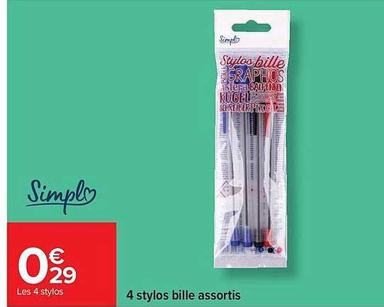4 stylos bille assortis