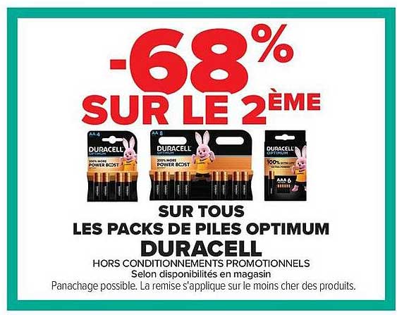 -68% SUR LE 2ÈME SUR TOUS LES PACKS DE PILES OPTIMUM DURACELL