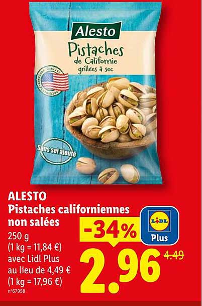 ALESTO Pistaches californiennes non salées 250 g
