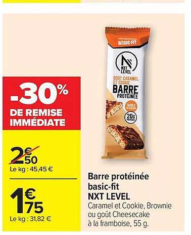 Barre protéinée basic-fit NXT LEVEL Caramel et Cookie, Brownie ou goût Cheesecake à la framboise, 55 g.