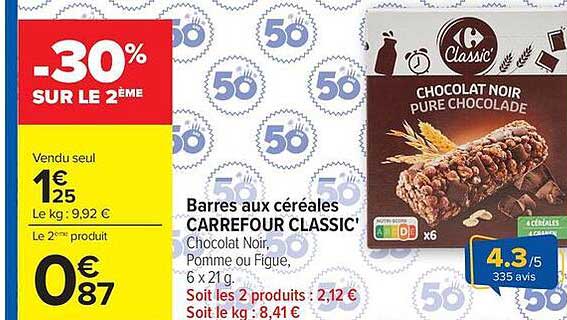 Barres aux céréales CARREFOUR CLASSIC' Chocolat Noir, Pomme ou Figue 6 x 21 g. Soit les 2 produits : 2,12 €