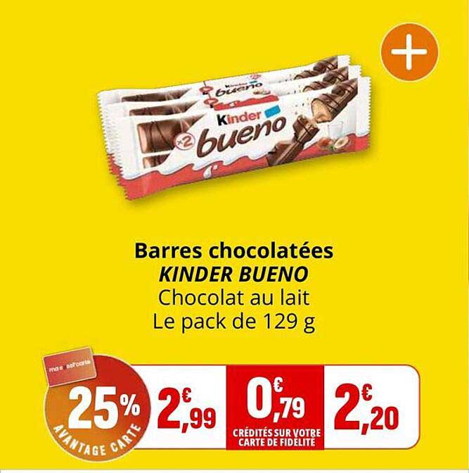 Barres chocolatées KINDER BUENO Chocolat au lait Le pack de 129 g