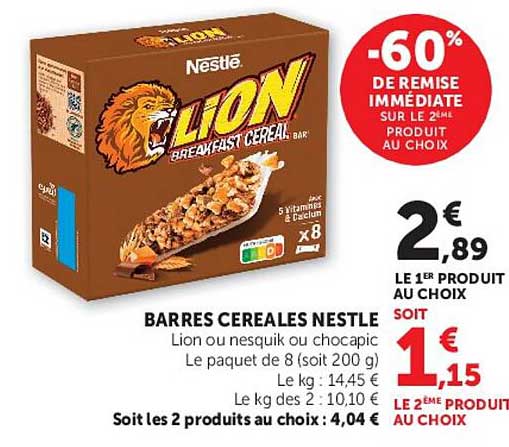 BARRRES CEREALES NESTLE Lion ou nesquik ou chocapic