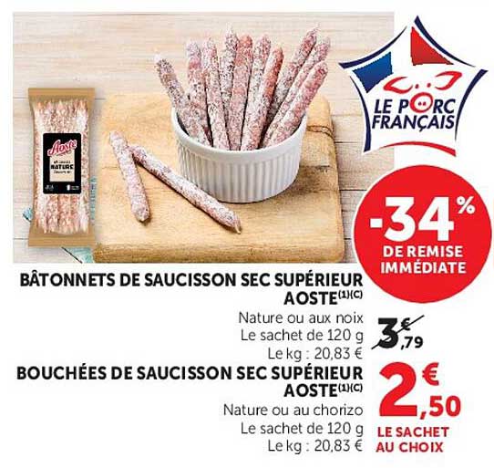 BÂTONNETS DE SAUCISSON SEC SUPÉRIEUR AOSTE Nature ou aux noix