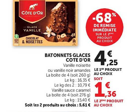 BATONNETS GLACES COTE D’OR Vanille noisette ou vanille noir amandes