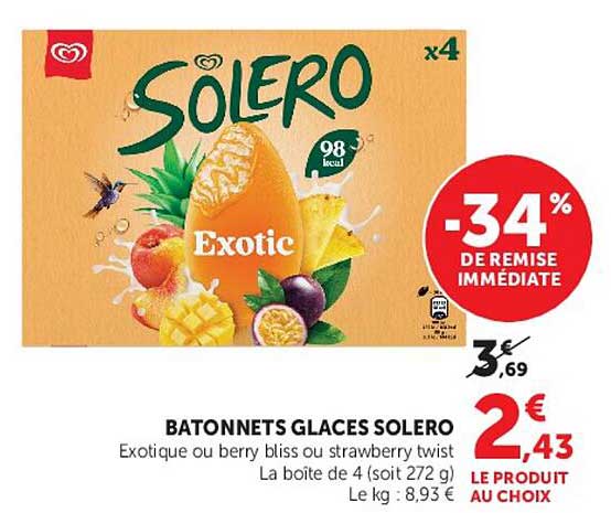 BATONNETS GLACES SOLERO Exotique ou berry bliss ou strawberry twist